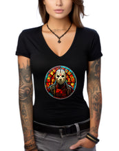 Load image into Gallery viewer, Art Society STAINED GLASS VOORHEES WOMENS V-NECK TEE BLACK