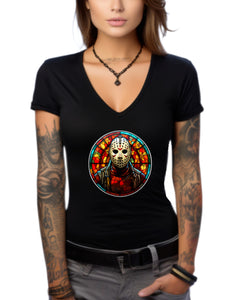 Art Society STAINED GLASS VOORHEES WOMENS V-NECK TEE BLACK