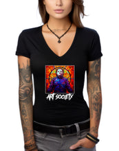 Load image into Gallery viewer, Art Society STAINED GLASS MICHAEL MYERS WOMENS V-NECK TEE BLACK