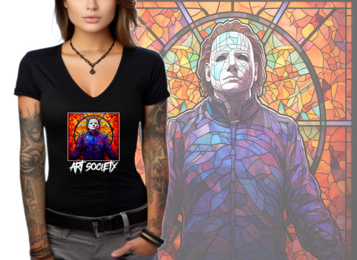 Art Society STAINED GLASS MICHAEL MYERS WOMENS V-NECK TEE BLACK