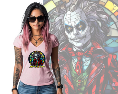 Art Society STAINED GLASS BEETLEJUICE WOMENS V-NECK TEE PINK