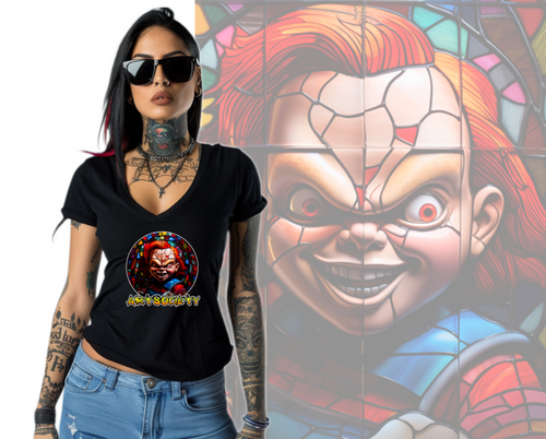 Art Society STAINED GLASS CHUCKY WOMENS V-NECK TEE BLACK