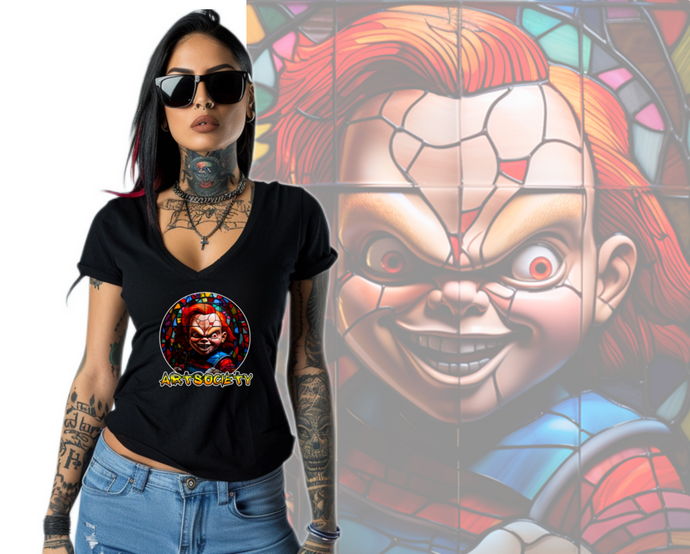 Art Society STAINED GLASS CHUCKY WOMENS V-NECK TEE BLACK