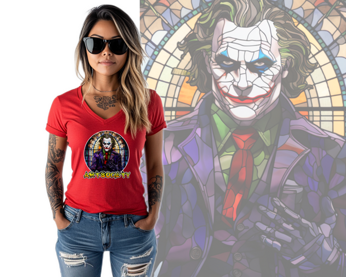 Art Society STAINED GLASS JOKER WOMENS V-NECK TEE RED