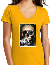 Load image into Gallery viewer, Art Society SIERRA SKULL ROSE WOMENS V-NECK TEE BRITE GOLD